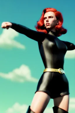 retro portrait image from 1960, sky background, wind, long red hair, fighting stance, sweet young Scarlett Johansson, black dress, classic long tight lycra black suit, gold bracelet and belt, high heel boots, superhero style, soft color, highly detailed, unreal engine 5, ray tracing, RTX, lumen lighting, ultra detail, volumetric lighting, 3d, finely drawn, high definition, high resolution.