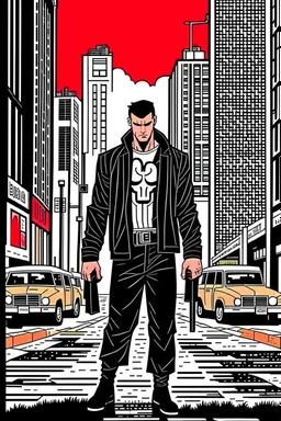 punisher sku;; CITY WALKING IN THE STREET TOWARDS THE CAMERA the style of Hiroshi Nagai