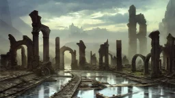 Destroyed City, medieval ruins, debris, stone, breched, brocken, Perspektiv from the sky, by Jean-Baptiste Monge, Ivan Bilibin, Albert Bierstadt, Reza Badrossama, watercolor ink, pencil sketch, splash art, intricate details, fantasy, beautiful, oil on canvas, award winning, imperial colours, fantastic view, radient colours, very attractive, crisp quality