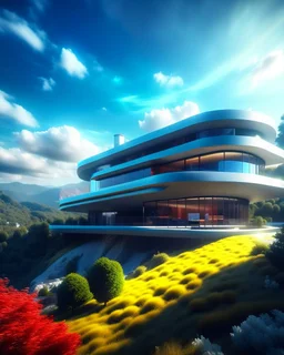 Villa on the mountain egg shaped architecture Zaha Hadid trees people summer weather clouds hyper realistic 8k