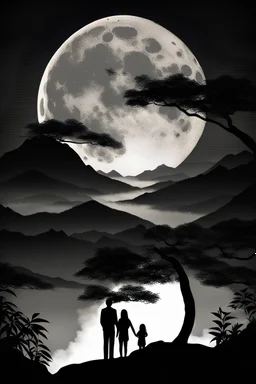 Mom 180cm, dad 180cm and 2year old daughter 90 cm watching the most beautiful moonrise over the mountains. Silhouette from behind. Make the man Taiwanese and the woman Hispanic