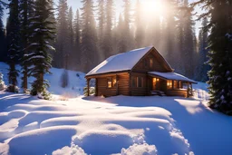 cabin in the woods, snow, sunshine