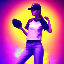 a girl wearing a baseball cap holding a small boombox in her hand, full shot. paint splashes, outrun, vaporware, shaded flat illustration, digital art, trending on artstation, highly detailed, fine detail, intricate