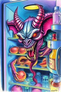 colorful pen and airbrush of twisted demon in the fridge as fantasy art in the style of giger and escher