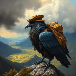 oil painting in titian style, air is charged with magic around huge storm pigeon crow bird carrying backpack, wearing hunters hat, with wings and beard and hair is full of feathers above holy valley, seen from above