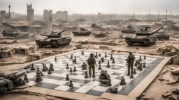 Israeli soldiers and tanks stand on a very large chessboard in the middle of a destroyed city