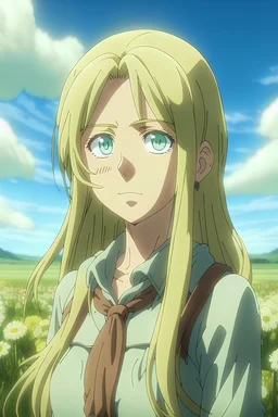 Attack on Titan screencap of a female with long, wavy light hair and big greenish blue eyes. Beautiful background scenery of a flower field behind her. With studio art screencap.