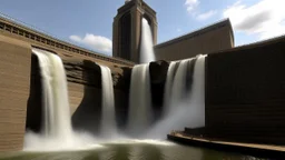 The image shows a large dam with a waterfall surrounded by skyscrapers. The dam is brown and has a large arch. The waterfall is powerful, falling over the dam and filling a large moat. Skyscrapers are visible on both sides of the dam and rise into the sky.