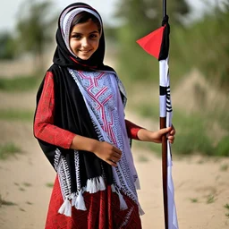 A very beautiful girl carrying a large Palestinian flag in her hands and waving it while wearing a keffiyeh and an embroidered Palestinian dress.