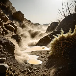 A striking quality Kodak photograph captures a wasteland with liquid and stars, Amano, Audubon, creepy, details of the dust and liquids very accentuated, glossy organic mass, vegetation, adorned with minerals and rocks. Bathed in intense light, eerie, Max Ernst style, white sun, fog