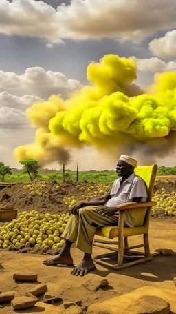 Sudanese man sitting on a chair , overseeing vast destruction and smoke