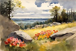 Sunny day, clouds, flowers, rocks, trees, distant mountains, spring, sci-fi, fantasy, winslow homer watercolor paintings