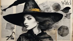 Witch, Collage. Beautiful portrait of a woman in charcoal and ink. Mixed media. Newspaper clippings, many photographs, love letters, Magazine style. Surrealism, Detailed. Alcohol ink. Worn texture. Crisp focus. Inked outlines. Hints of vibrant color. Authors: Katherine Welz-Stein and Sam Toft