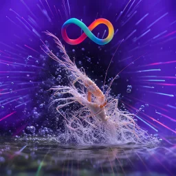 infinity symbol ∞ with vibrant powerful shrimp jumping out of the water, striking, neon, chiaroscuro, dramatic, captivating, powerful, fantasy, beautiful, octane render, 16k post-production, artstation: award-winning: atmospheric: commanding: fantastical: clarity: ultra quality: striking: brilliance: stunning colors: amazing depth; lens: f/11, 35mm