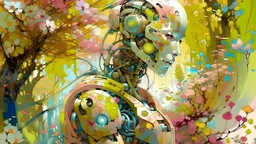 Paint, Pastel, Human robot developed World, everything is robotic even the trees and flowers everythibg