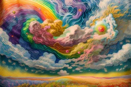 collaboration between Salvador Dali, Vincent Van Gogh, and Jean Baptiste Monge. Swirling rainbow storm clouds over a vast field of long grass and plentiful flowers swaying in the winds. Modifiers: fantasy many rainbow bubbles photorealistic beautiful colourful cinematic postprocessing Van Gogh acrylic art pencil sketch quilling salvator dali Craig Rutkowski