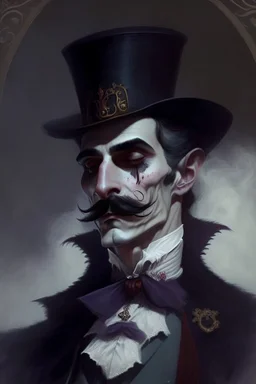 Strahd von Zarovich with a handlebar mustache wearing a top hat dreaming of hugging a Harengon