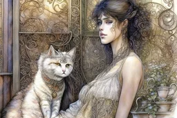 A pencil and charcoal line sketch, cute fluffy cat in coffeehouse in sunshine, intricate details and bold lines. beautiful Jean-Baptiste Monge Art Nouveau Steve Hanks Josephine Wall Thomas Wells Schaller Big water colour painting Ella du Cane Beautiful detailed eyes pastel patchwork line art Watercolor, pen and ink Maurice Miller and Faiza Maghni