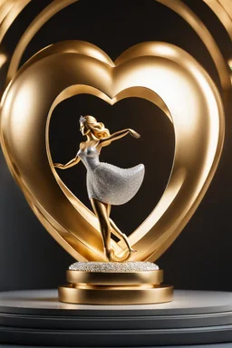 A magnificent golden and silver heart-shaped sign adorned with a stunning golden sphere encrusted with sparkling diamond clusters at its center, elegantly spinning in position,a girl golden statue in standing pose