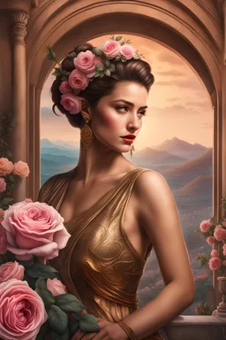 Photo realistic Incredibly beautiful Portrait of a Greek lady in mixed with cyberpunk dress delicate emotional scene, dusty rose, golden color and pink, inbfront of gigantic Wall engraved by Zraostrian engravings, hyperdetailed landscape behind depth of field mountains and vegetations flowers and roses planted, sophisticated array of colors and secret path round table, 250 megapixels, photorealistic, realistic photography, volumetric lights, 8k resolution, advance shading techniques