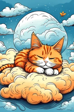 orange cat with stripes in heaven with wings and a halo sleeping on a cloud drawingA4 format