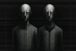 monochrome, cardboard figure on the left of the picture, stocky human figure with a head tilted to the left, almost no neck, no face or hair, schematic drawing, against a dark grey background with a symmetrical pattern, a lighter grey, almost monochrome, in moonlight, crayon drawing in shades of grey and black, ethereal, cinematic postprocessing