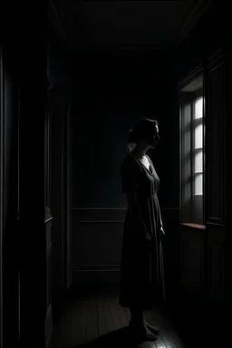 a woman stands in the corner of the room cinematic dramatic hd highlights detailled wide and depth