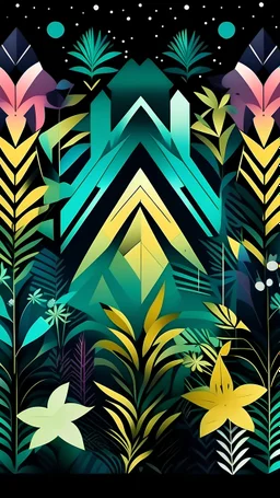 Pop art deco Jungle in metallic gradient colors, prismatic, galaxy