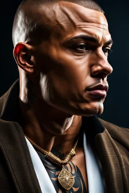 portrait of a 35 year old Handsome muscular male with light bronze skin adorned with tattoos. buzz cut hair. wearing an expensive suit. photorealistic