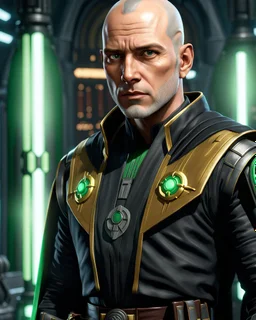 star wars bald male corellian jedi pilot wearing black and gunmetal grey old republic armored robes with gold trim inside the jedi temple holding a lightsaber with viridian green blade in left hand, centered head and shoulders portrait, hyperdetailed, dynamic lighting, hyperdetailed background, 8k resolution, volumetric lighting, light skin, fully symmetric details