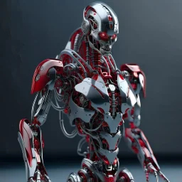 Robot humanoide, calidad ultra, hiperdetallado, intrincado, maximalista, colores plateado y rojo, 8k 3D, cuerpo completo