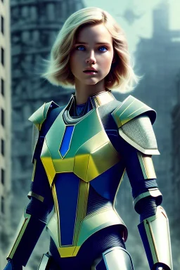 ultrarealistic, ruined city,__sci-fi armor__, __angles__, 18 year old woman, robot eye, strikingly beautiful, blonde hair, _colour_, [__starlets__|__starlets__], (pale __skincolor__ skin:1.2), __camera__, _hair_, detailed face and eyes, medium breasts, leather choker, freckles, dynamic pose, resolved expression, __accessory__, strappy outfit, (straps:1.1), sword in scabard on left hip, (buckles, buttons, snaps, rings:1.0), breastplate, detailed eyes, plump lips, sci-fi theme