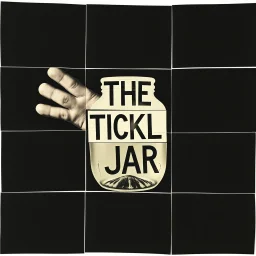 unbalanced color photographic collage featuring dark negative space, TEXT "THE TICKLE JAR", nihilistic, segmented arm like a cutaway schematic, loose fingers in a brine, sequencing image coherence across multiple panels, foreboding, abstract quirky juxtapositions