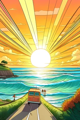 make a sunset over the ocean where you see the road and you see one buss driving. the car is very far away and you can see a girl on waterski far away. there is two eyelands on the ocean. and one that connects to the land with a white bridge. make it in a cartoon and animated way