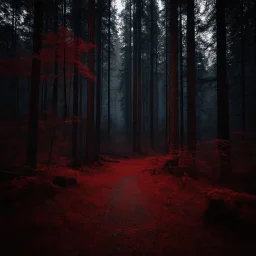 a dark forest view, amidst an ambiance of red hues and romantic undertones.