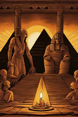 [light candles, pyramid, mummy] Your will succumbs to the mummy's dominion over life and death. Where once lingered a soul of royal pride,now an abyssmal hunger for domination fills its hollow gaze. "You have served your purpose, mortal, by freeing me from spiritual prison.Now you belong to the eternal night, an immortal sentinel forever at my side." The pharaoh's withered hands extend,filling your vision with the decaying visage of your new master. Shadows take form at its command,wrapping your