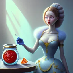 pixar style, realistic painting of a women in dress and a jar jam marmelade in kitchen,volumetric blue sky environment and background, volumetric lighting,dramatic lighting, detailed digital painting, extreme dense and fine fur, anime, ornate, colour-washed colors, elegant, small minutiae, tiny features, particulars, centered, smooth, sharp focus, renderman gofur render, 8k, uhd, detailed eyes, realistic shaded volumetric lighting,caustics,backlight