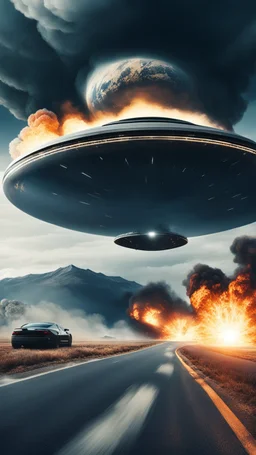 The image shows a photograph with a science fiction theme. Reflected in a side-view mirror, we see a car with passengers, driving on a desolate road. In the background, a large UFO hovers in the sky while multiple explosions erupt in the distance, sending up clouds of smoke and fire. The mirror's border frames this chaotic scene, juxtaposing a calm, seemingly oblivious drive with the dramatic events unfolding behind.