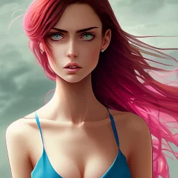 crystal clear blue eyes, and dark pink hair, dot eyebrows, woman, angry expression, pointy ears, long hair, sexy, young, beautiful