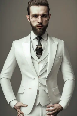 BDSM style, 8K, a Highly detailed stunning portrait of Dom man with a kneeling submissive woman, white suit, beard, and short hair, bad boy,