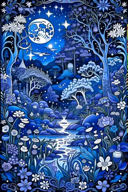 Craft a captivating line art featuring a serene scene under the moonlight - perhaps a mystical garden with blooming flowers, gentle fairies, and cascading waterfalls. The design should exude enchantment and magic, allowing for creative interpretation through coloring. Encourage the use of a soothing and magical color palette, blending midnight blues, silvery whites, and soft purples to create a dreamy and otherworldly atmosphere. Let your colors bri