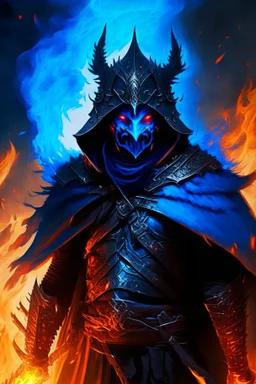 A warrior with a matte black combat helmet and eyes with bright blue flaming pupils, a black cape and a long coat with long combat boots and a long, sharp and fiery spear and with his helmet under A picture of hell with hellish people in tormenthis cape and two blue flames instead of eyes