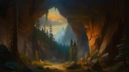 A large cave opening in a secluded mountain alcove, rocky cliffs, dimly lit, burt pine trees, scorched earth, many craggs, realistic, medieval, painterly, Bob Ross painting