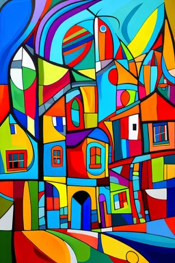 colorful abstract art with straight and lines mixed with curves and houses