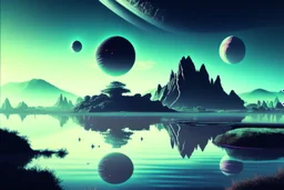 Alien landscape with grey exoplanet in the sky, Lagoon reflection, vegetation, sci-fi, concept art, movie poster, cinematic