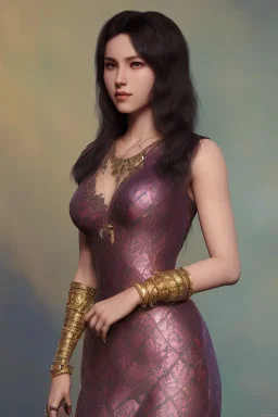 Full body portrait, painting, medium shot lady 3DTotal purple radiant midground gold filigree background