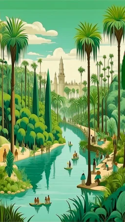 Bosch paint style nightmare, a city with green date palms trees and river and people