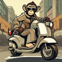 Monkey riding on a scooter making wheelies with sunglasses on, cartoonize