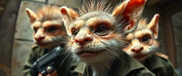 airbrush and pen outline, french art , extreme close up on cheeky fluffy weasel hairy goblin military prison guard troupe news anchor elf family scumbag , pinhole cam, airbrush 3d rendering, in the style of Titian and Rembrandt