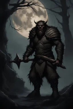 Fierce Bugbear warrior in chainmail armor, wielding a massive halberd, standing in a dark, misty forest with gnarled trees and eerie moonlight, high fantasy style, hyper-detailed, dark and moody color palette